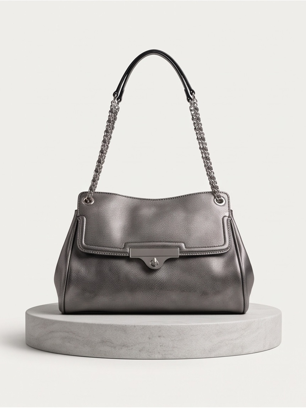 Nine West Metallic Silver Textured Chain Strap Structured Handbag